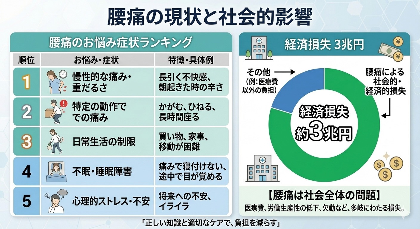 厚生労働省調査による腰痛の現状と国内3兆円の経済損失